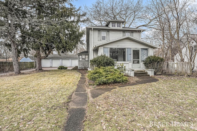 traditional style home featuring a garage, a front lawn, an outdoor structure, and fence