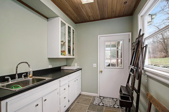 kitchen with a sink, plenty of natural light, dark countertops, and wood ceiling