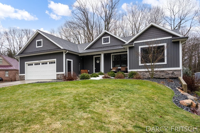 craftsman-style house with concrete driveway, stone siding, a front lawn, a porch, and board and batten siding