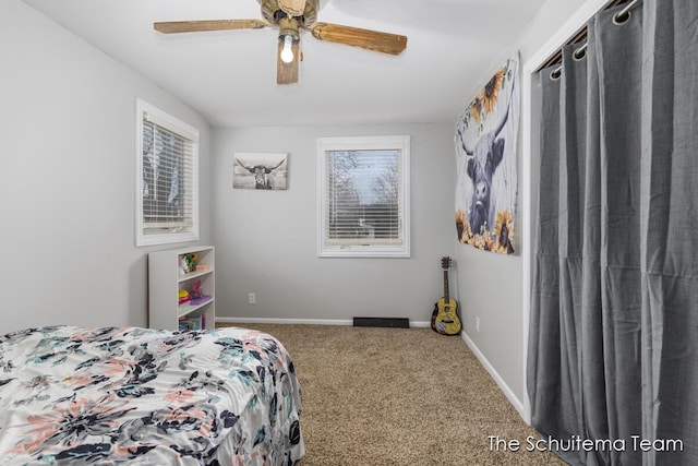 bedroom featuring carpet flooring, ceiling fan, and baseboards