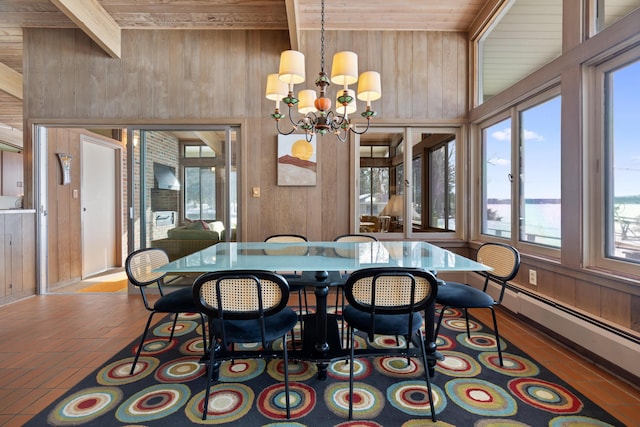 dining area with wooden ceiling, wood walls, and lofted ceiling with beams