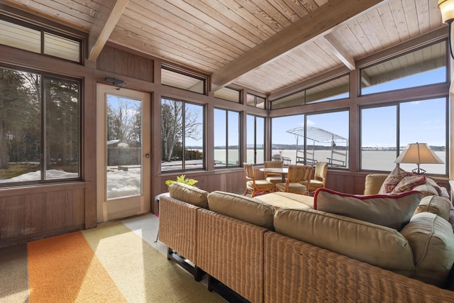 sunroom with wooden ceiling and lofted ceiling with beams