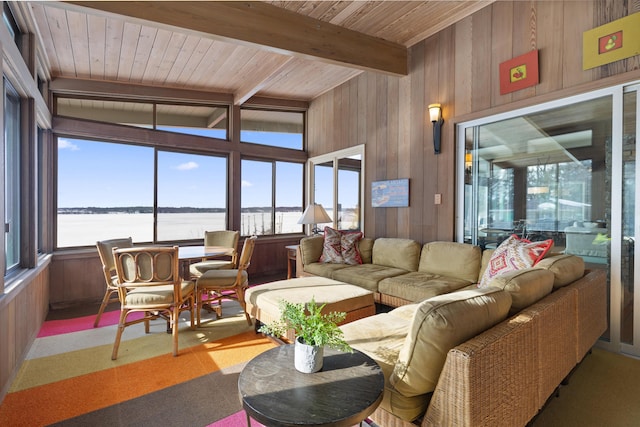 carpeted living area with beam ceiling, a water view, wooden walls, and a healthy amount of sunlight