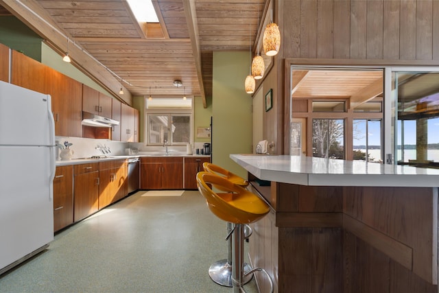 kitchen with freestanding refrigerator, light countertops, dishwasher, and under cabinet range hood