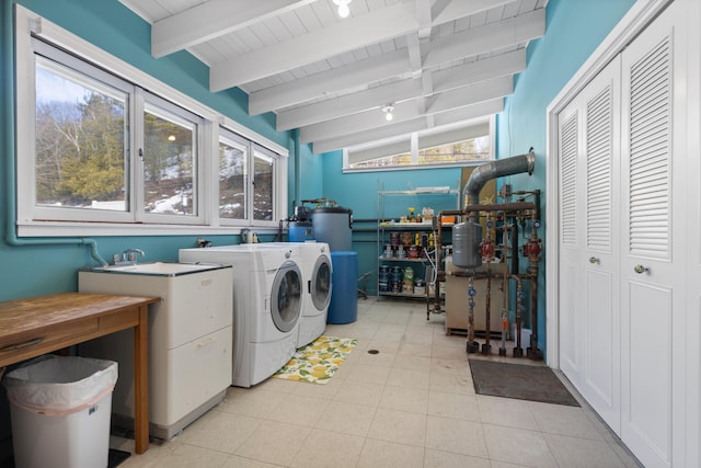 laundry area featuring laundry area, wooden ceiling, and washing machine and dryer