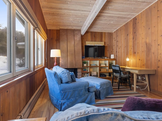 living area featuring wooden ceiling, a baseboard radiator, wooden walls, and beamed ceiling