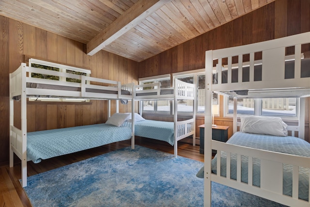 bedroom featuring vaulted ceiling with beams, wooden ceiling, wooden walls, and wood finished floors