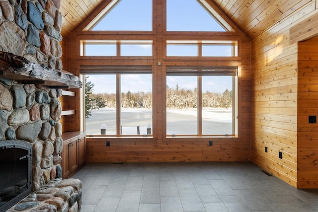 unfurnished living room featuring high vaulted ceiling, wooden ceiling, wooden walls, a fireplace, and visible vents