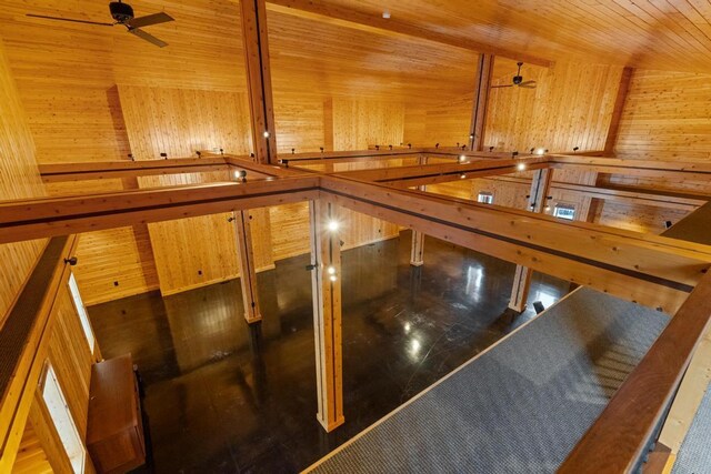 interior space featuring a ceiling fan, wood ceiling, and wooden walls