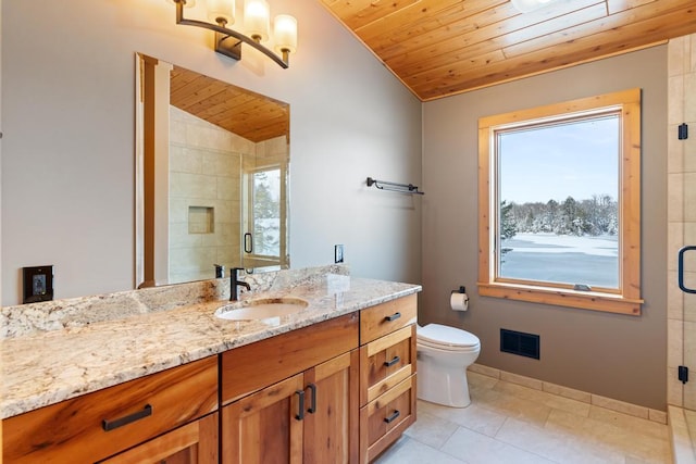 full bath with wooden ceiling, tile patterned floors, vaulted ceiling, vanity, and a shower stall