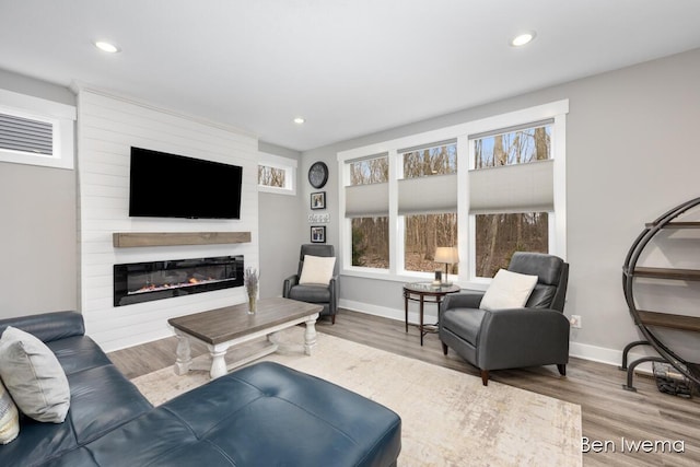 living area with a large fireplace, baseboards, a wealth of natural light, and wood finished floors