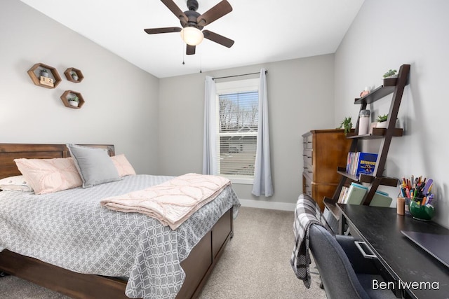 bedroom featuring ceiling fan, carpet floors, and baseboards