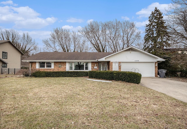 ranch-style house featuring an attached garage, brick siding, fence, driveway, and a front lawn