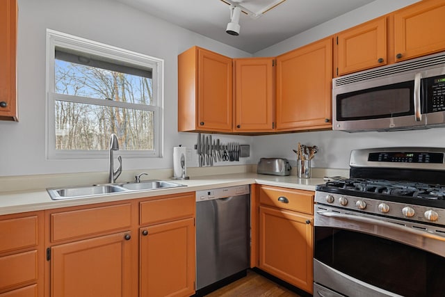 kitchen with wood finished floors, light countertops, appliances with stainless steel finishes, and a sink