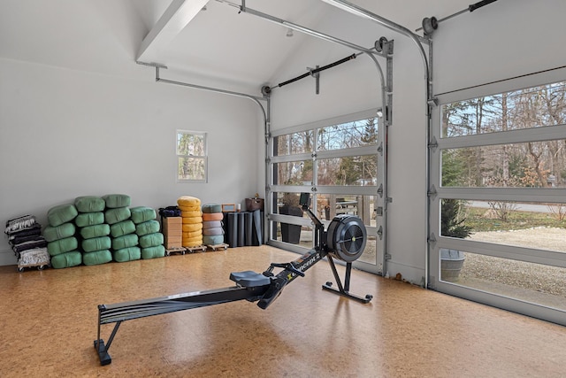 exercise area featuring a garage and a towering ceiling