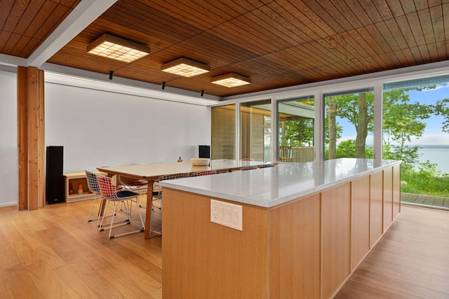 kitchen featuring wooden ceiling, a kitchen island, and light wood finished floors