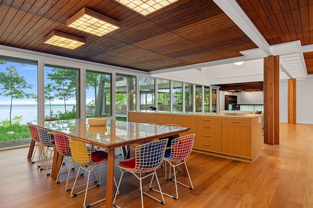 interior space with wooden ceiling and a water view