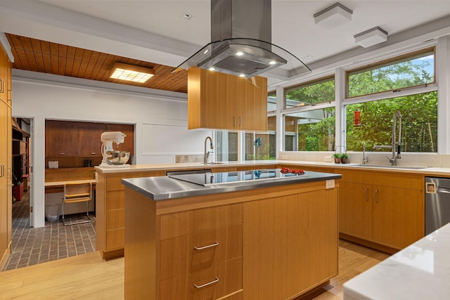 kitchen featuring dishwasher, stainless steel countertops, island exhaust hood, black electric cooktop, and a sink