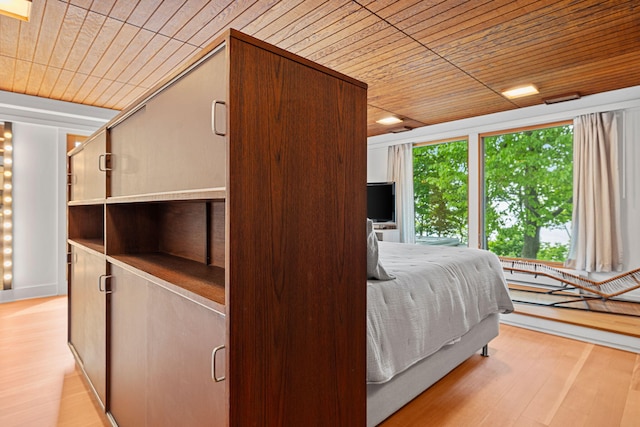 bedroom featuring light wood-type flooring and wood ceiling