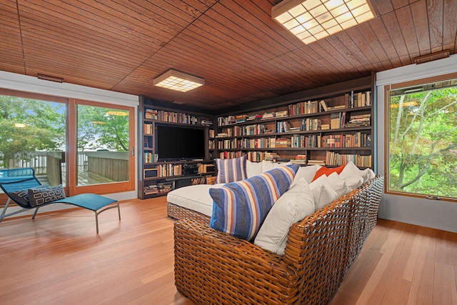 living area featuring wooden ceiling, built in features, and wood finished floors