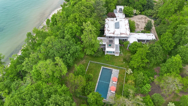 drone / aerial view featuring a water view