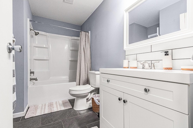 bathroom featuring visible vents, toilet, shower / tub combo, vanity, and a textured ceiling