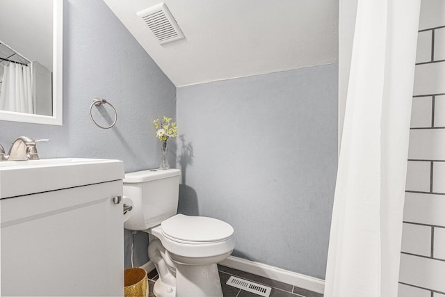 full bath with toilet, baseboards, visible vents, and vanity