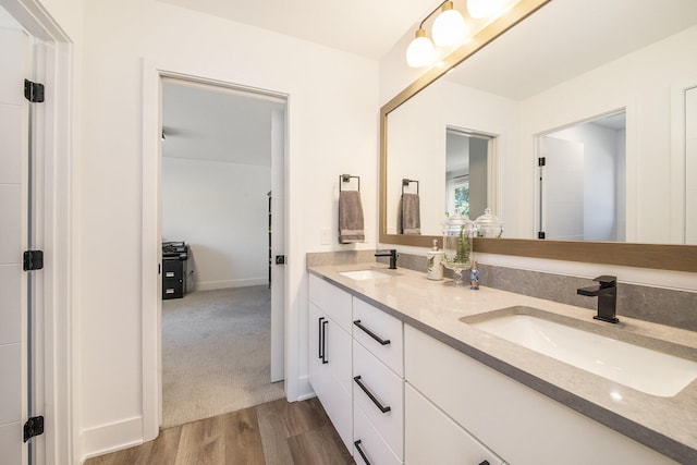 bathroom with double vanity, baseboards, a sink, and wood finished floors