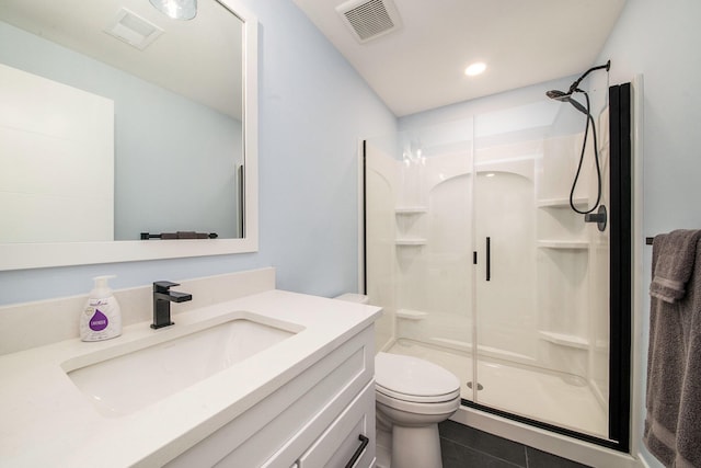 full bath with visible vents, toilet, a stall shower, vanity, and tile patterned flooring