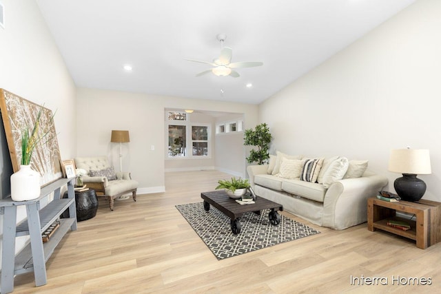 living area with visible vents, baseboards, light wood-style flooring, ceiling fan, and recessed lighting