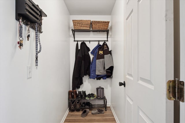 mudroom with baseboards and wood finished floors