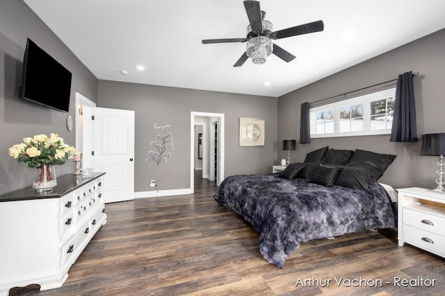 bedroom with ceiling fan, dark wood-type flooring, recessed lighting, and baseboards