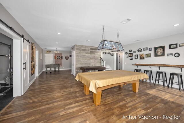 rec room featuring recessed lighting, pool table, visible vents, a barn door, and wood finished floors