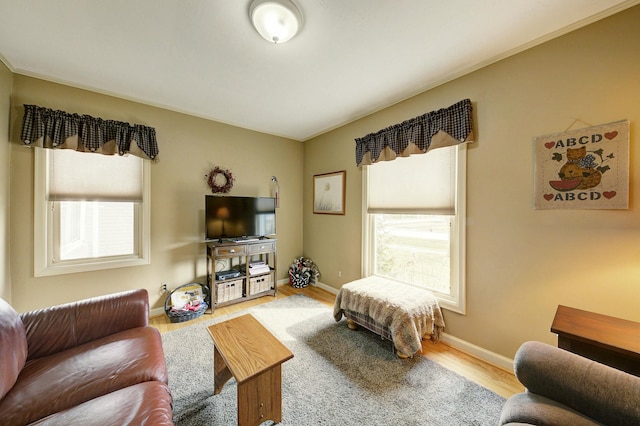 living room with plenty of natural light, baseboards, and wood finished floors