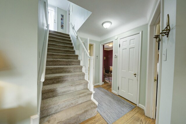 stairway with baseboards and wood finished floors