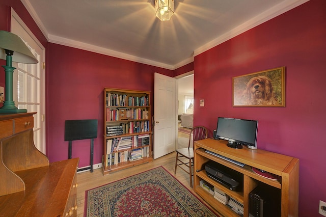 office with ornamental molding and wood finished floors