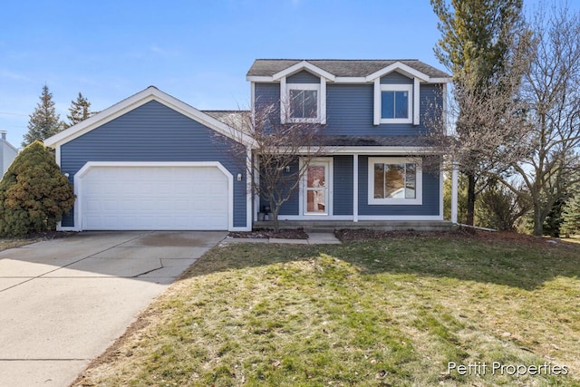 traditional home featuring a shingled roof, a front yard, driveway, and an attached garage