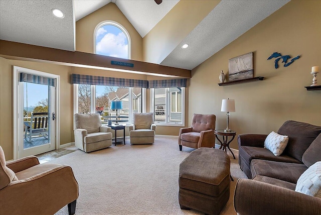4144 Ridge Rd Unit 16, Stevensville, MI 49127 - carpeted living room featuring healthy amount of natural light, baseboards, high vaulted ceiling, and recessed lighting