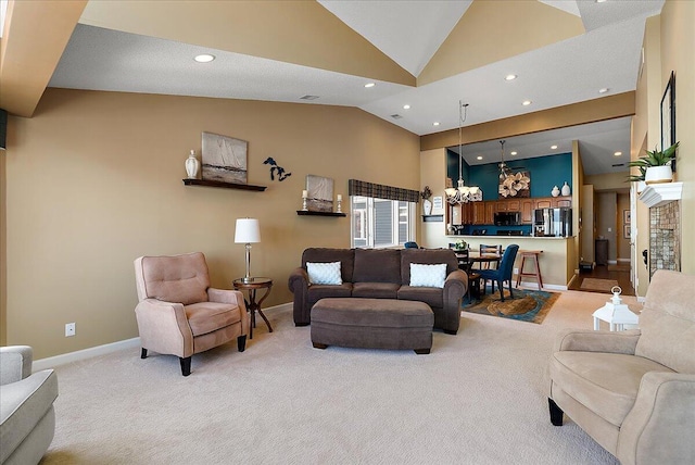 4144 Ridge Rd Unit 16, Stevensville, MI 49127 - living room with light carpet, recessed lighting, baseboards, and high vaulted ceiling