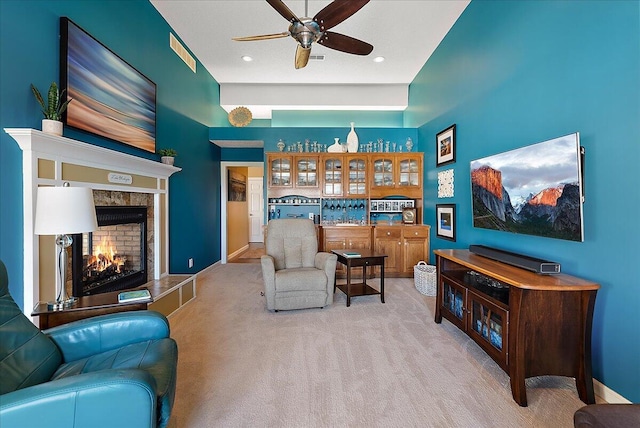 4144 Ridge Rd Unit 16, Stevensville, MI 49127 - carpeted living area with ceiling fan, a fireplace, recessed lighting, and baseboards