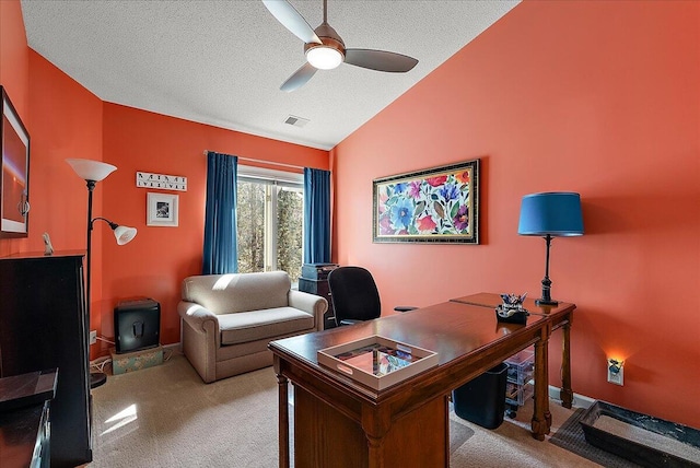 4144 Ridge Rd Unit 16, Stevensville, MI 49127 - office area with light carpet, vaulted ceiling, ceiling fan, and a textured ceiling