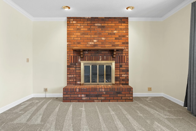 unfurnished living room with baseboards, carpet floors, a brick fireplace, and crown molding