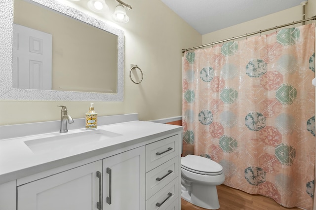 bathroom with toilet, a shower with curtain, wood finished floors, and vanity