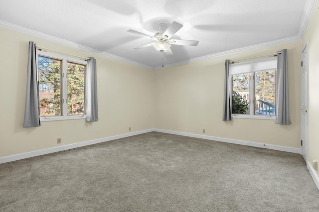 carpeted spare room featuring plenty of natural light and ornamental molding