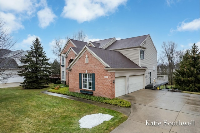 view of side of home featuring brick siding, roof with shingles, concrete driveway, a lawn, and an attached garage