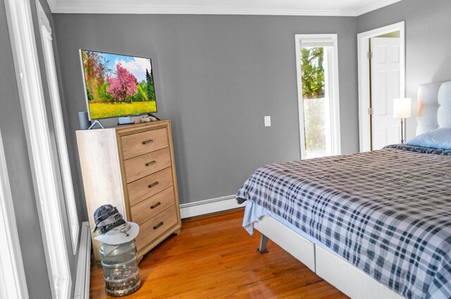 5007 S 42nd St, Climax, MI 49034 - bedroom with wood finished floors, crown molding, baseboards, and a baseboard radiator