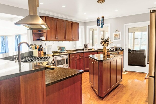 5007 S 42nd St, Climax, MI 49034 - kitchen with stainless steel microwave, island range hood, a peninsula, light wood finished floors, and crown molding