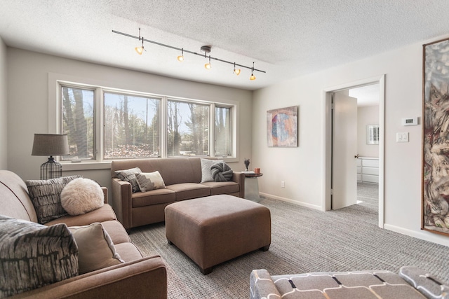 living room featuring rail lighting, carpet, baseboards, and a textured ceiling