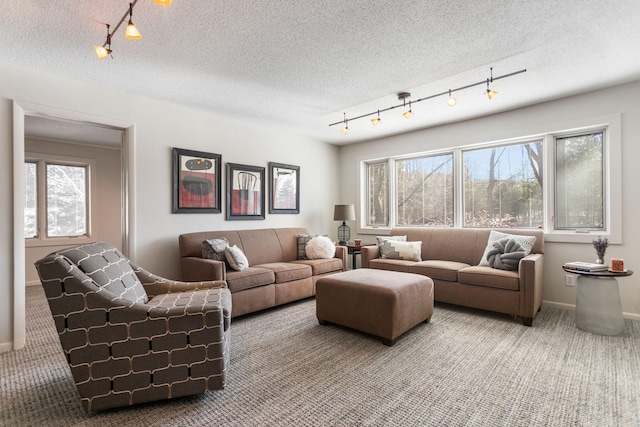 carpeted living area featuring plenty of natural light and a textured ceiling