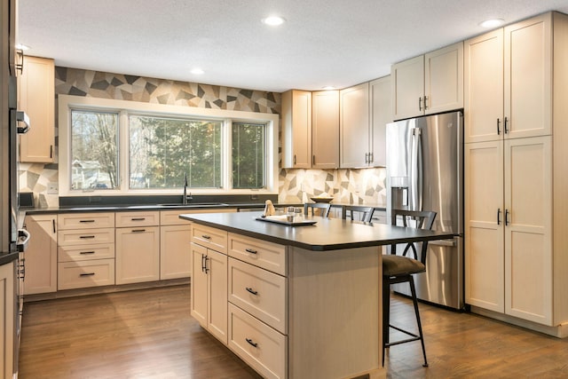 kitchen featuring a kitchen bar, stainless steel refrigerator with ice dispenser, a sink, dark countertops, and dark wood-style floors